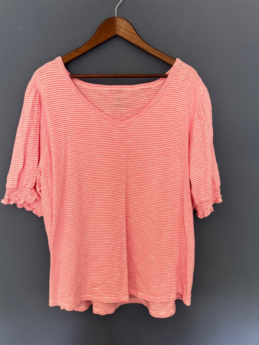Talbots Pink & White Stripe V-neck Tee with elastic sleeves Size 3X EUC